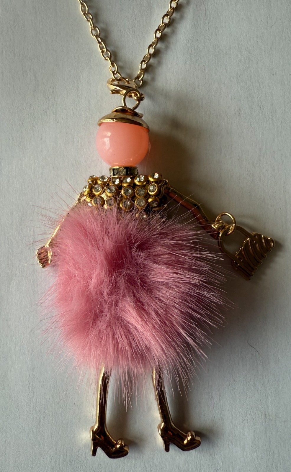 Bead People Necklace DUSTY ROSE PINK FUR Dress w/ Gold Purse Movable Arms & Legs