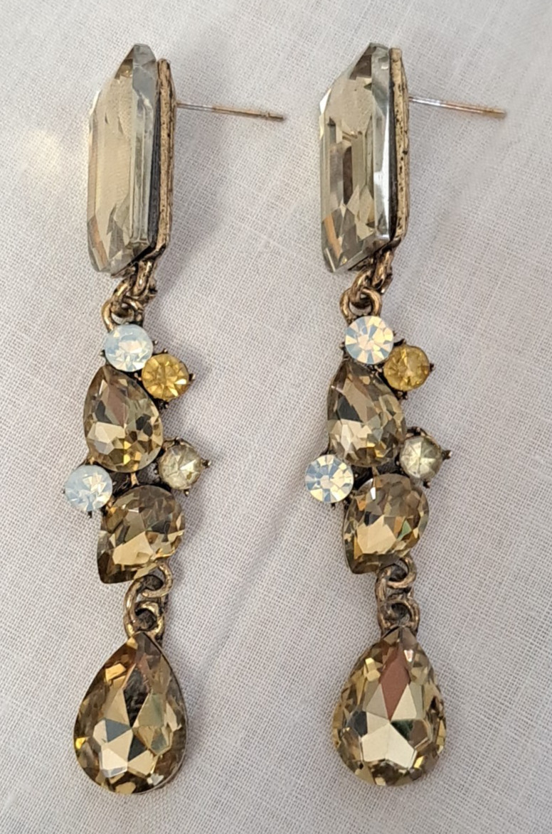 Jim Ball Crystal Gem Rectangle Pear Dangle Drop Earrings Champagne Prom Night