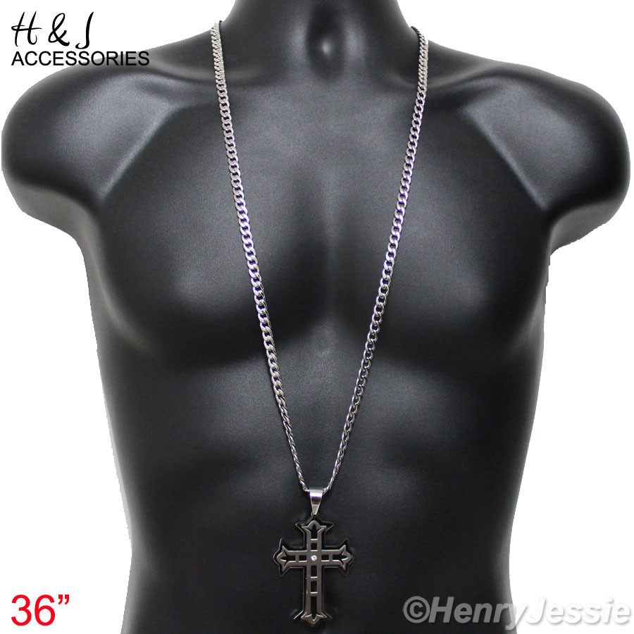 18-40″MEN Stainless Steel 6mm Silver Cuban Curb Link Chain CZ Cross Pendant*PL5