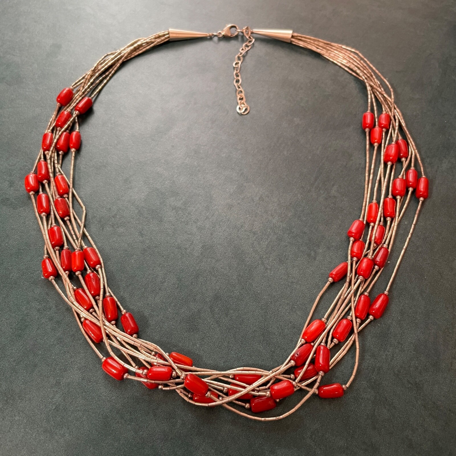 Coral Liquid Silver Necklace 22.5 Inches Sterling Silver 10 Strand Liquid Silver