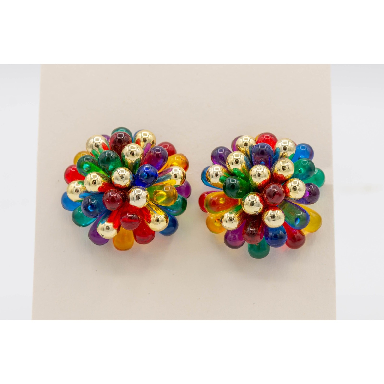 Vtg 1960s Rainbow Lucite Beaded Sputnik Cluster Clip On Earrings Bubble
