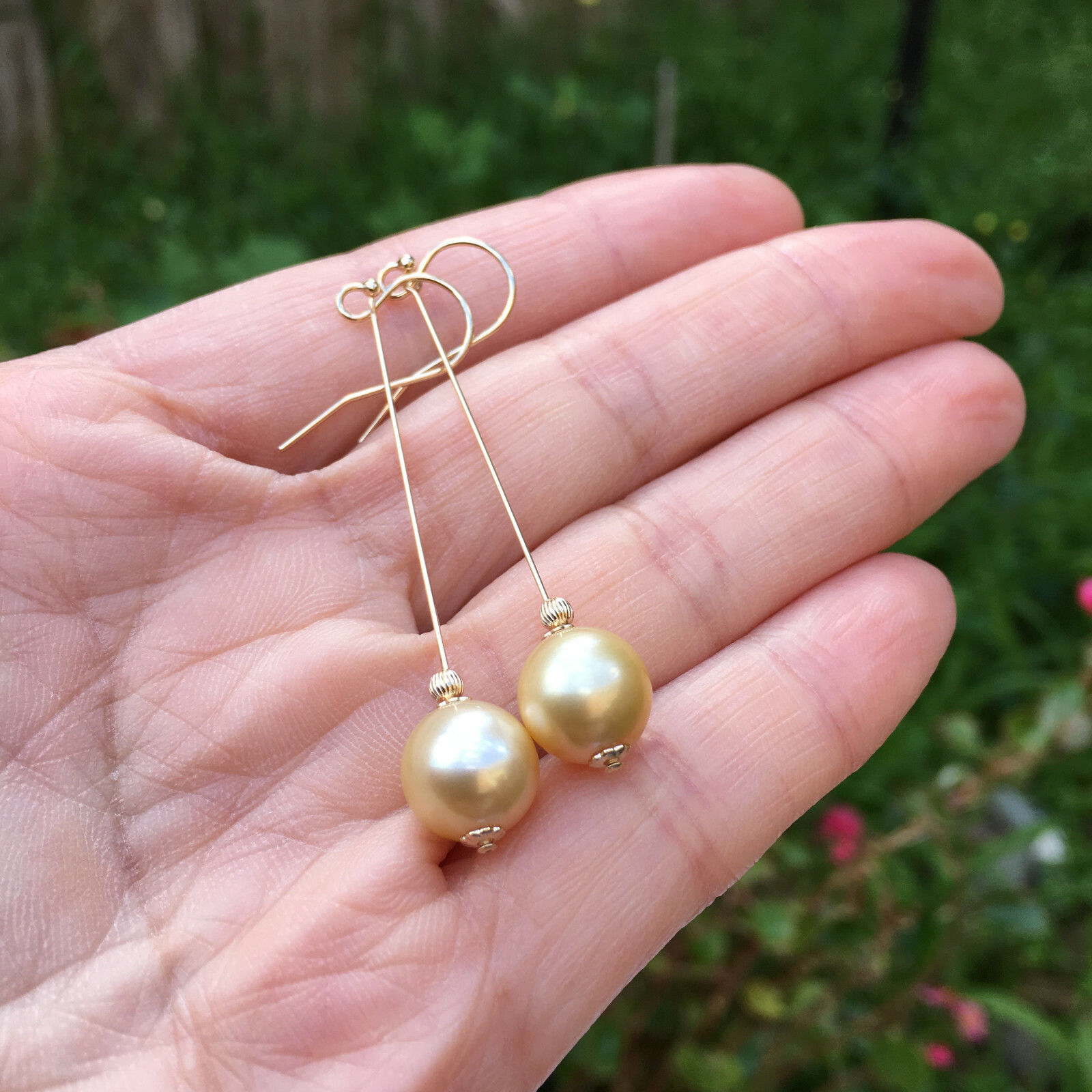 9.5-10mm natural high luster Australia gold seawater Pearl 14KGF Earring 57mm #2