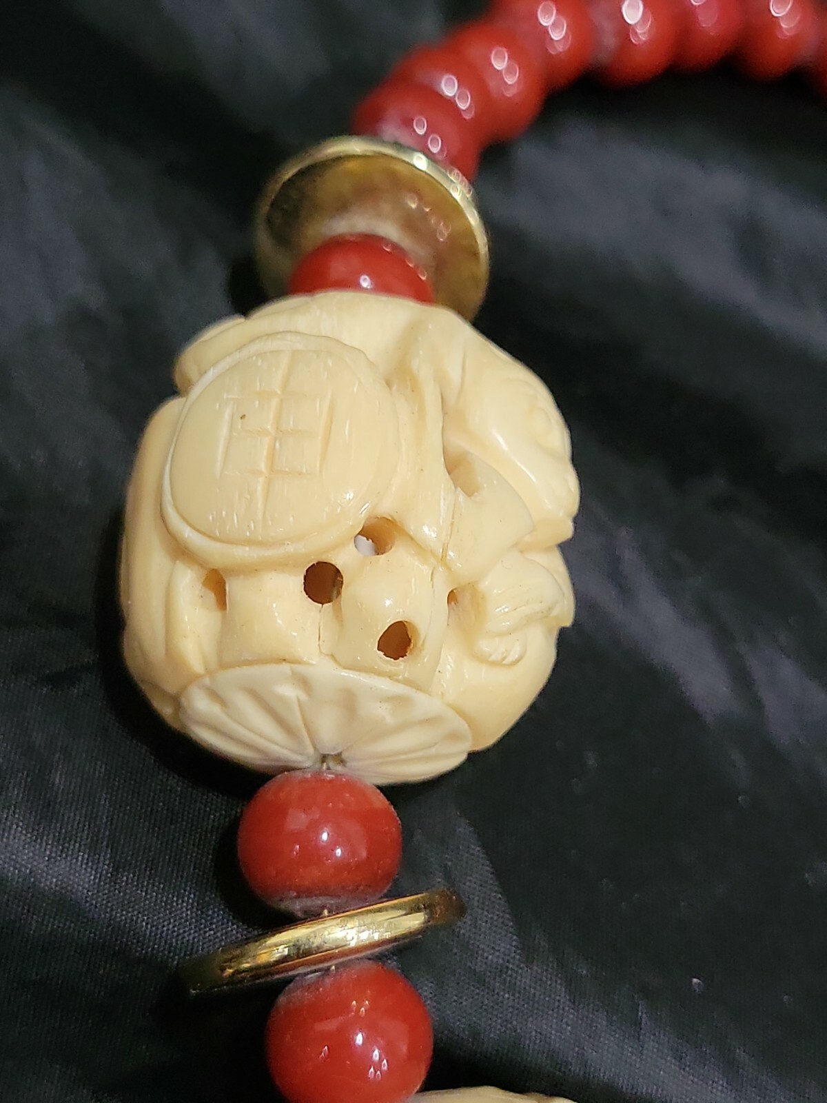 ANTIQUE CHINISE ZODIAC CARVED WATER BUFFALO BONE BEADS & RED STONE NECKLACE