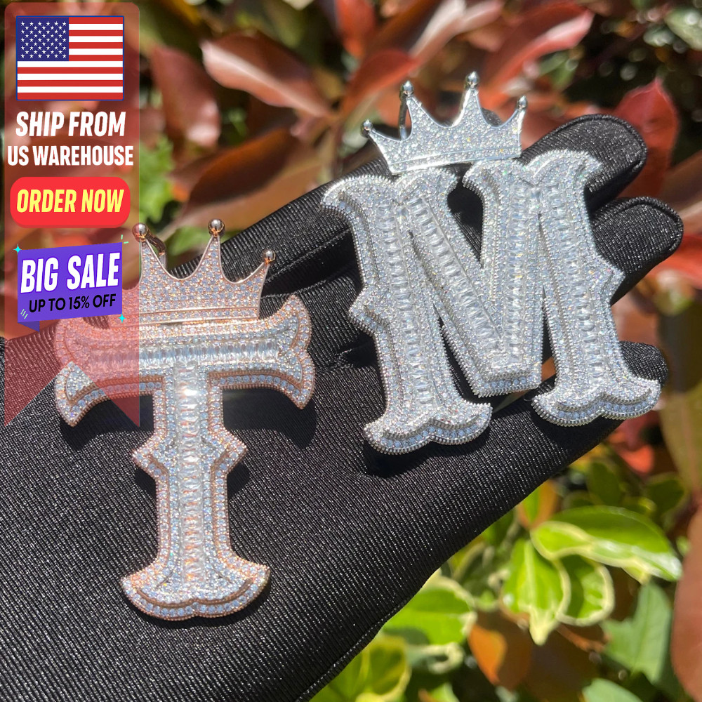 Iced Out Initial Letter Pendant Crown Bail CZ Charm Hip Hop Jewelry Men Gift NEW