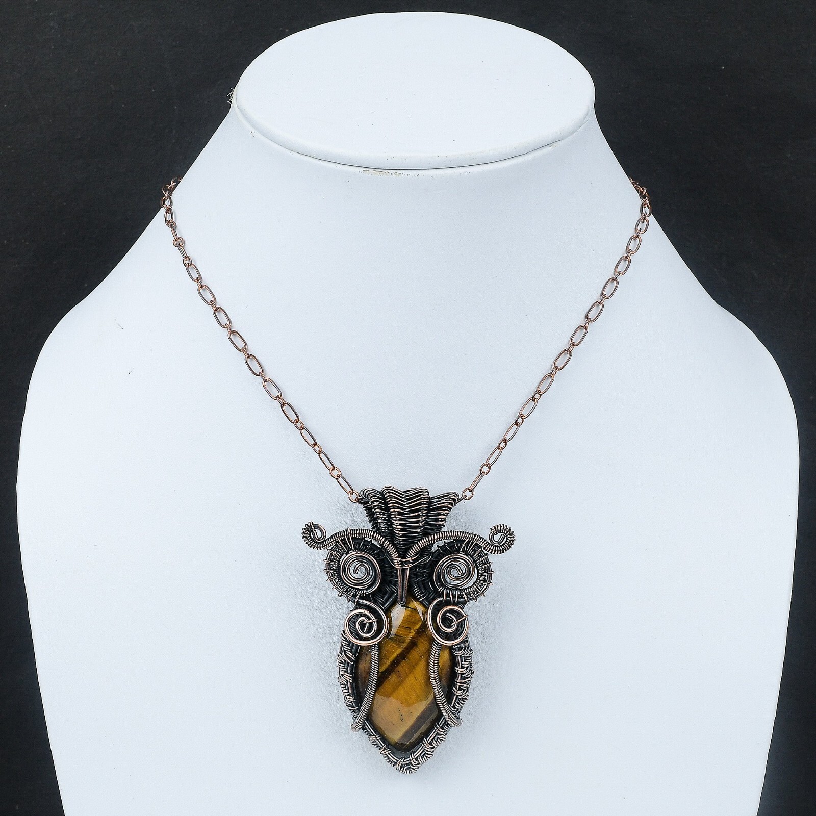 Tiger’S Eye Wire Wrapped Owl Pendant Handcrafted Copper Holiday Jewelry 2.83″