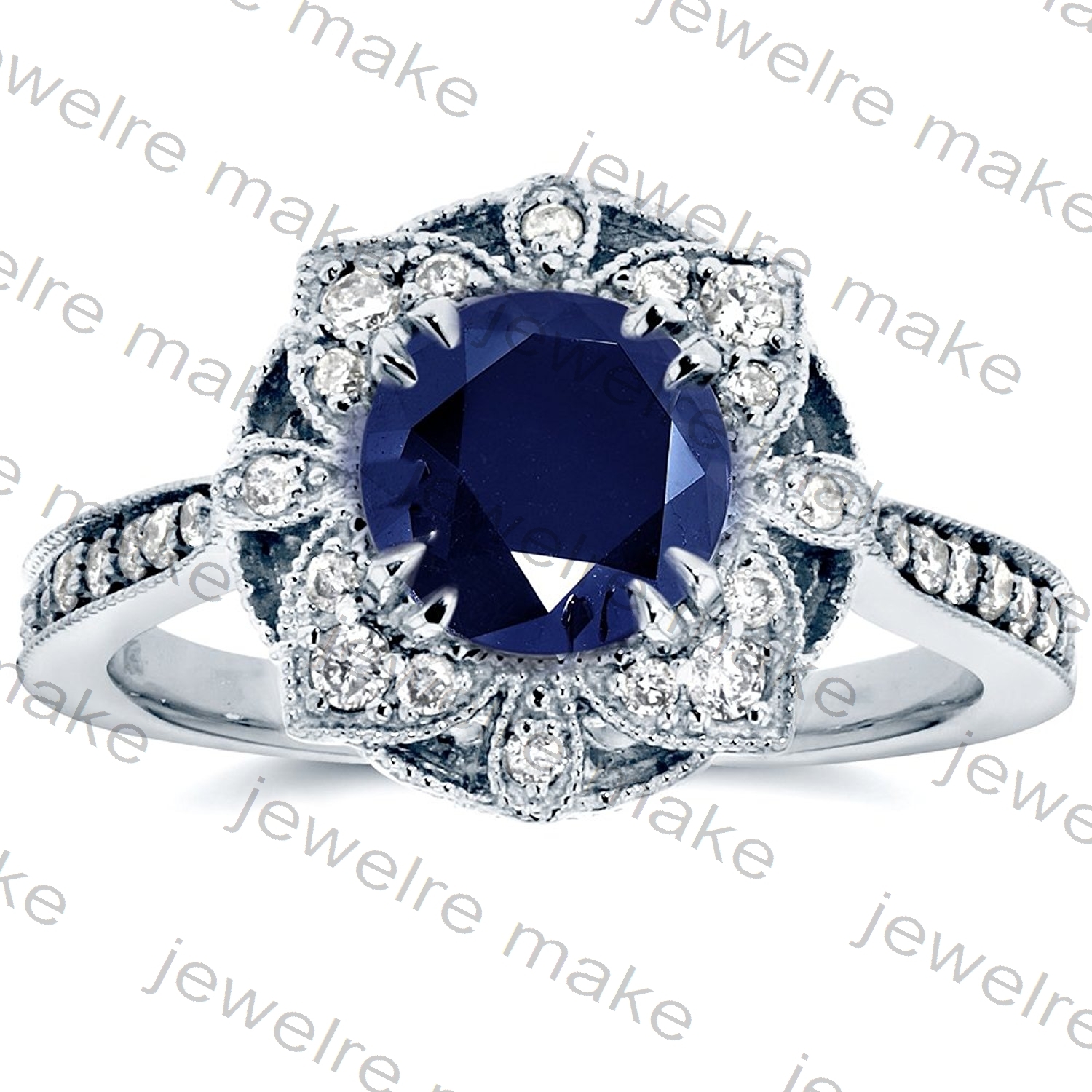 1.25ct Blue Sapphire CZ Antique Floral Engagement & Wedding Ring 925 Silver