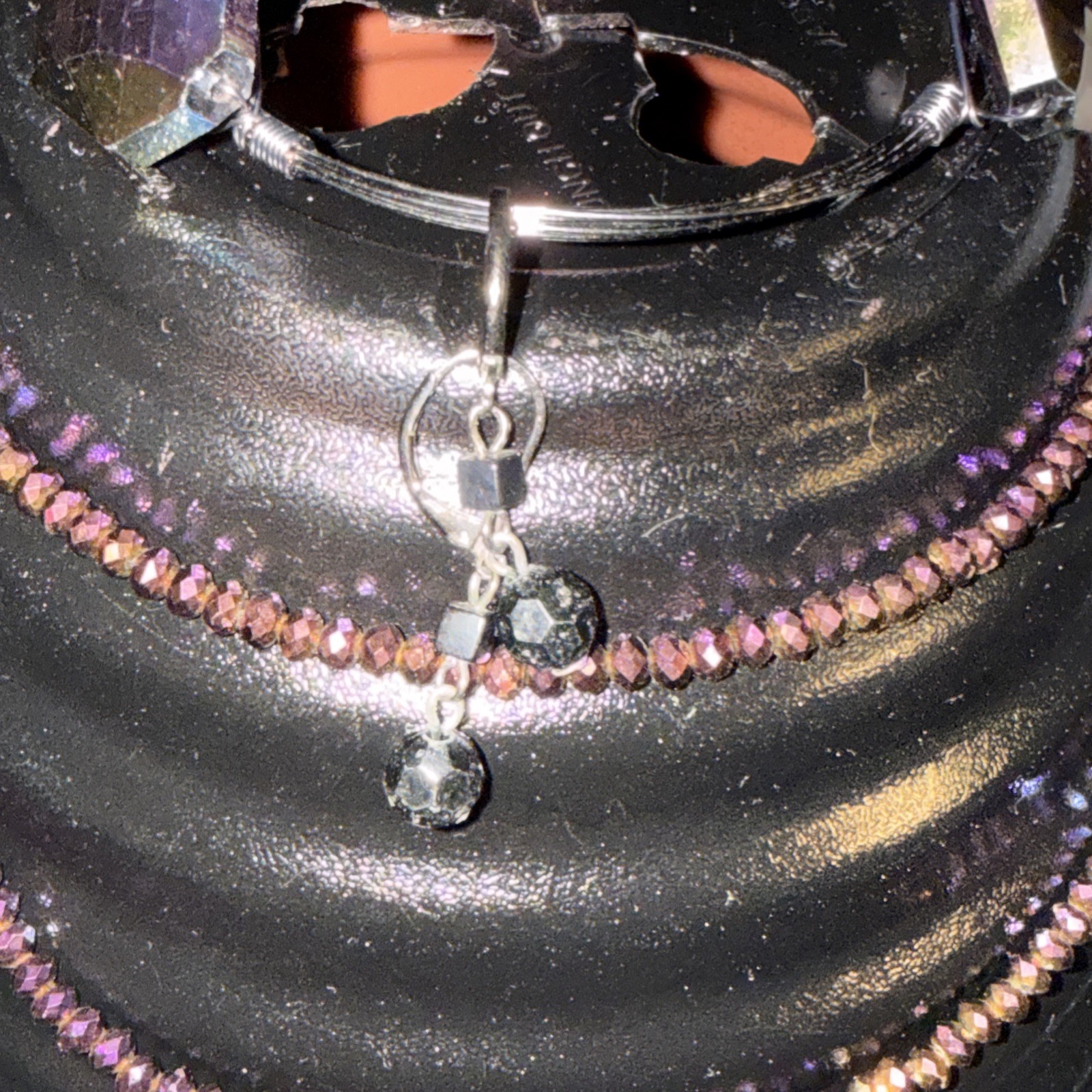 Long Layered Beaded Black And Purple Necklace Bracelet And Earring Set