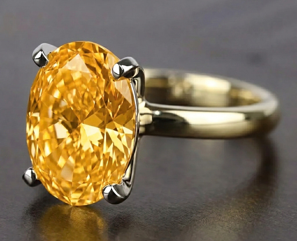 8.00 Ct Certified Oval Shape Natural Yellow Diamond Ring VVS1 Yellow Gold Finish