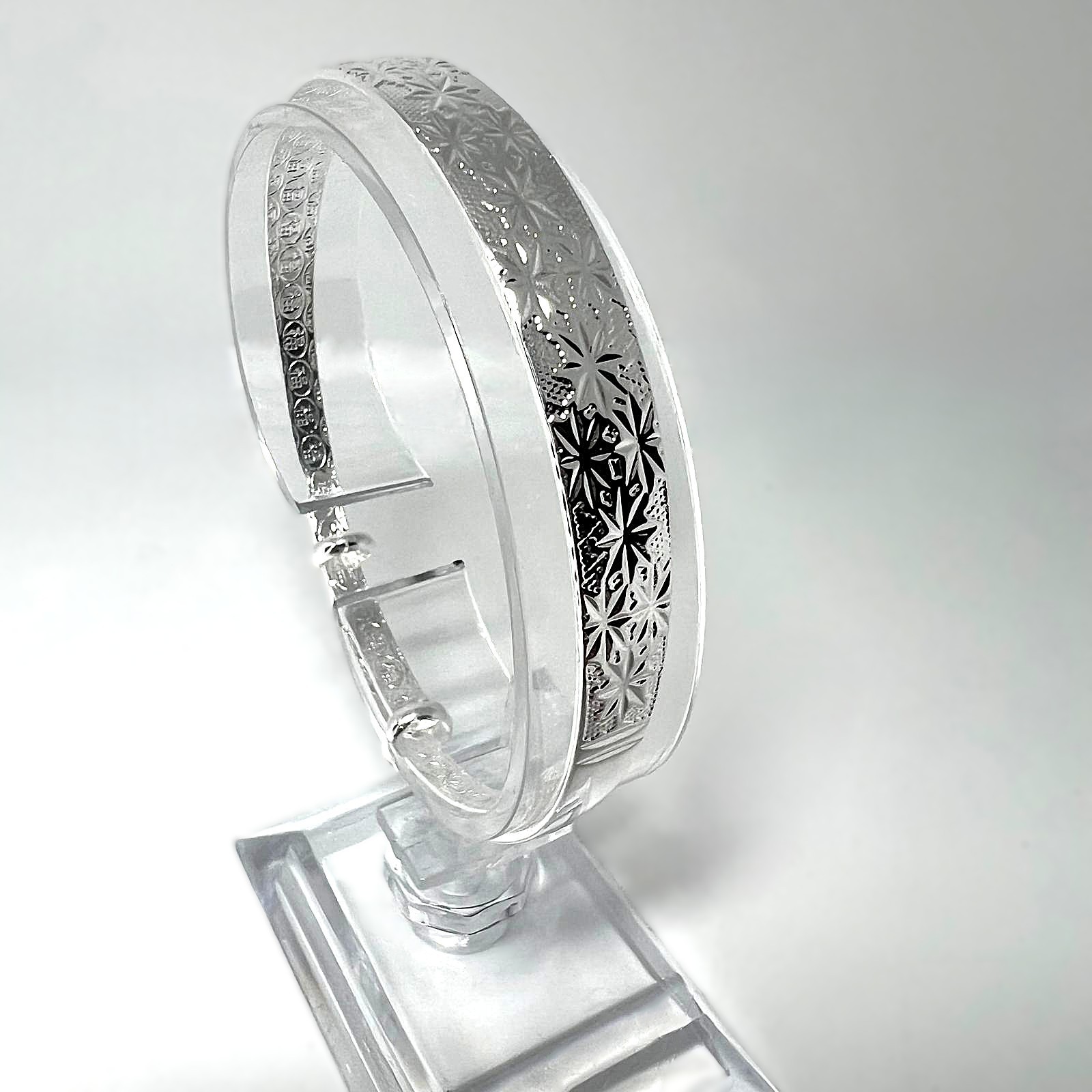 Adjustable 999 Silver Star Print Chinese Lucky Sign Bangle Bracelet