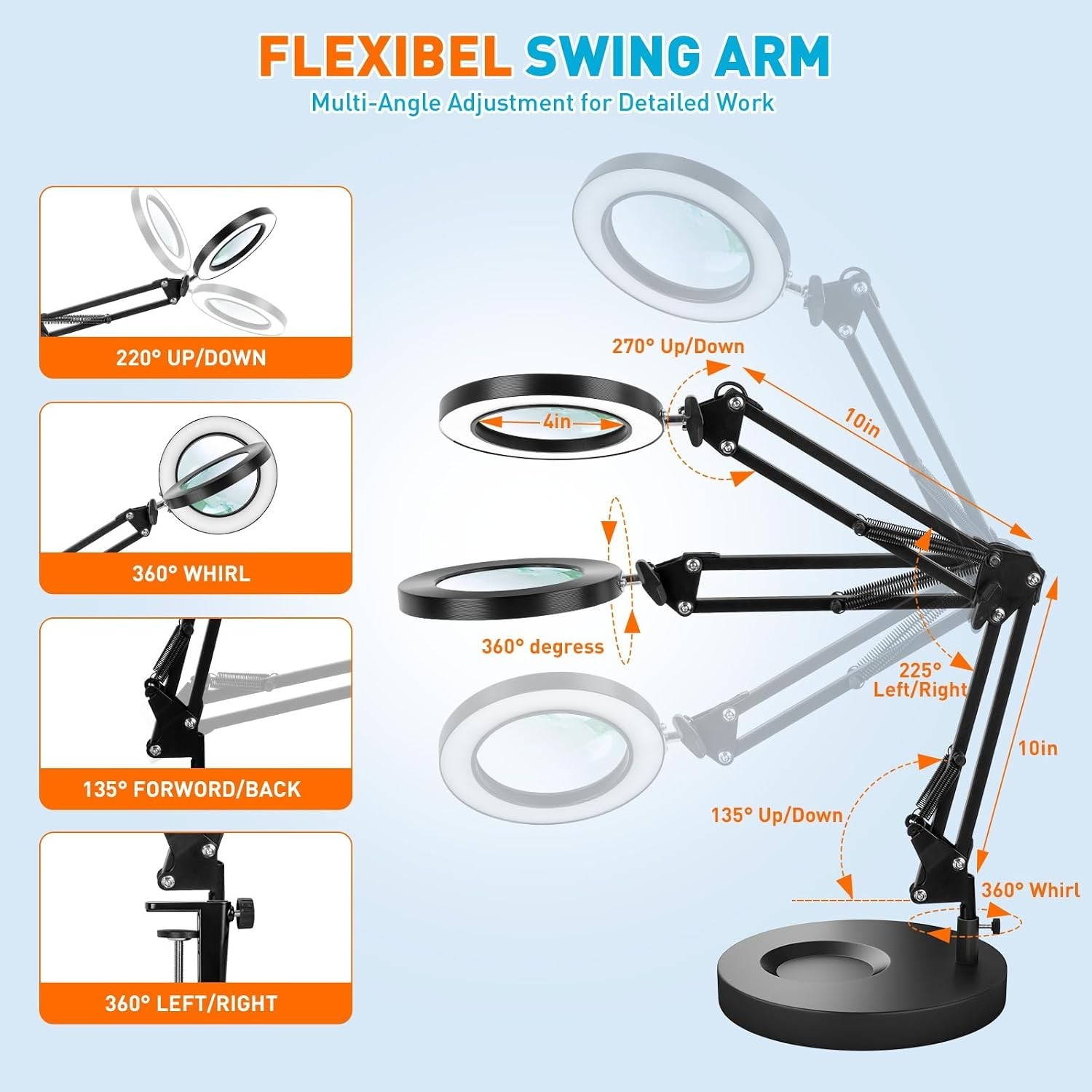 Swivel Arm LED Desk Magnifier with 10X Lens – Ideal for Close Work and Hobbies
