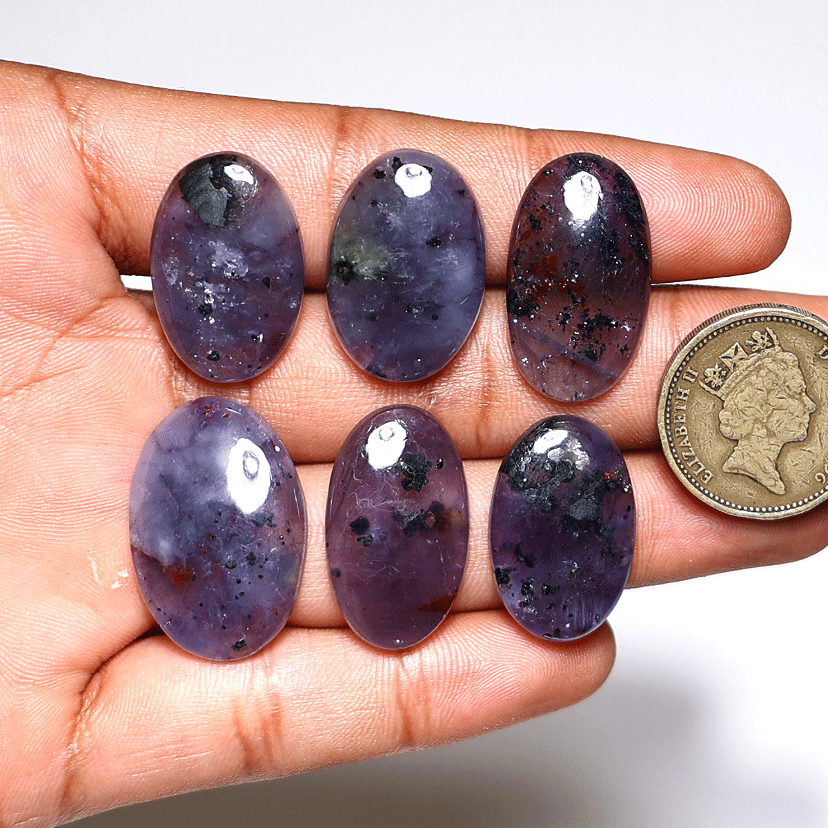 6 PC Violet Mist Iolite Cabochon Set– Indigo Stones w/ Hematite Flecks – 23-27mm