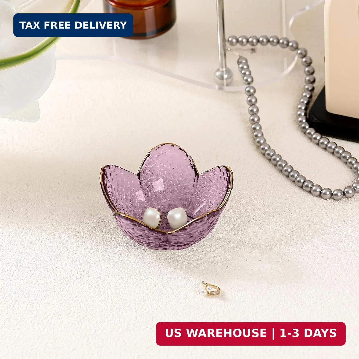 Purple Flower Jewelry Dish Glass Ring Holder Dish Jewelry Tray Cute Vanity Organ