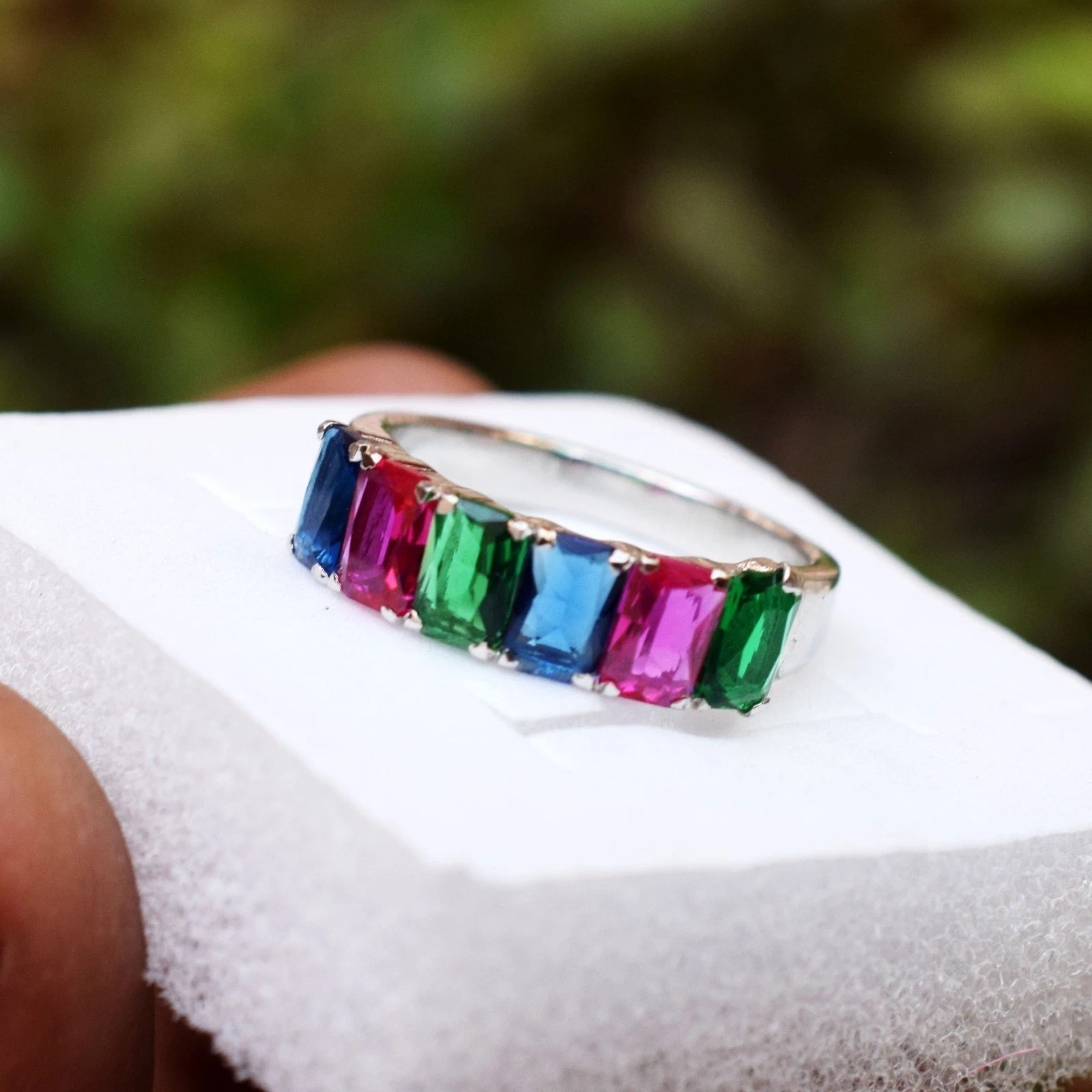 6×4 MM Created Sapphire Ring Half Eternity Band 925 Sterling Silve