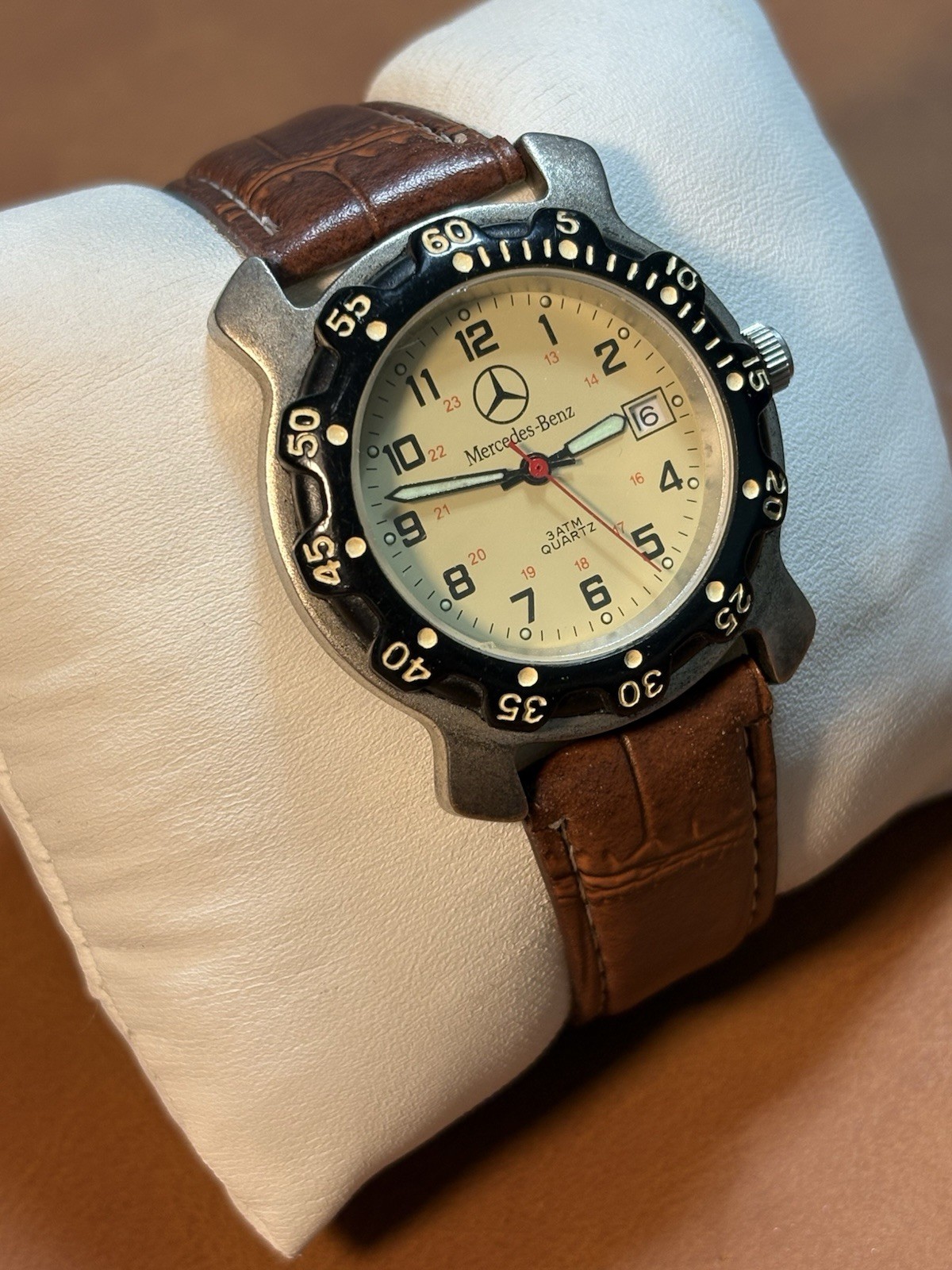 Vintage Mercedes Benz Men Field Watch Beige Dial,37mm,Rotating Beze,Date