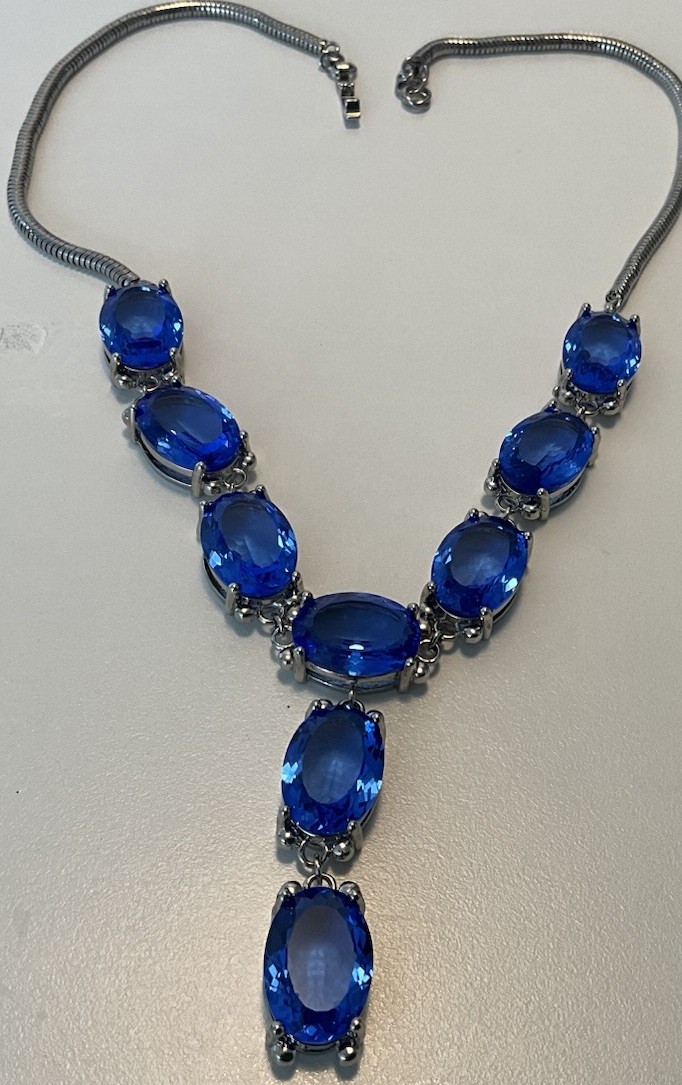 925 Sterling Silver Large Cobalt Blue Crystal Glass Statement Necklace Vintage
