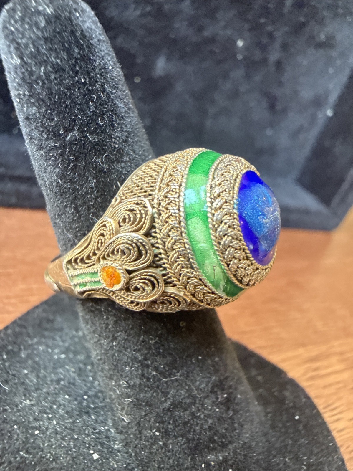 Antique Chinese Export Silver Vermeil Enamel Blue Basketweave Ring Adj Sz 4