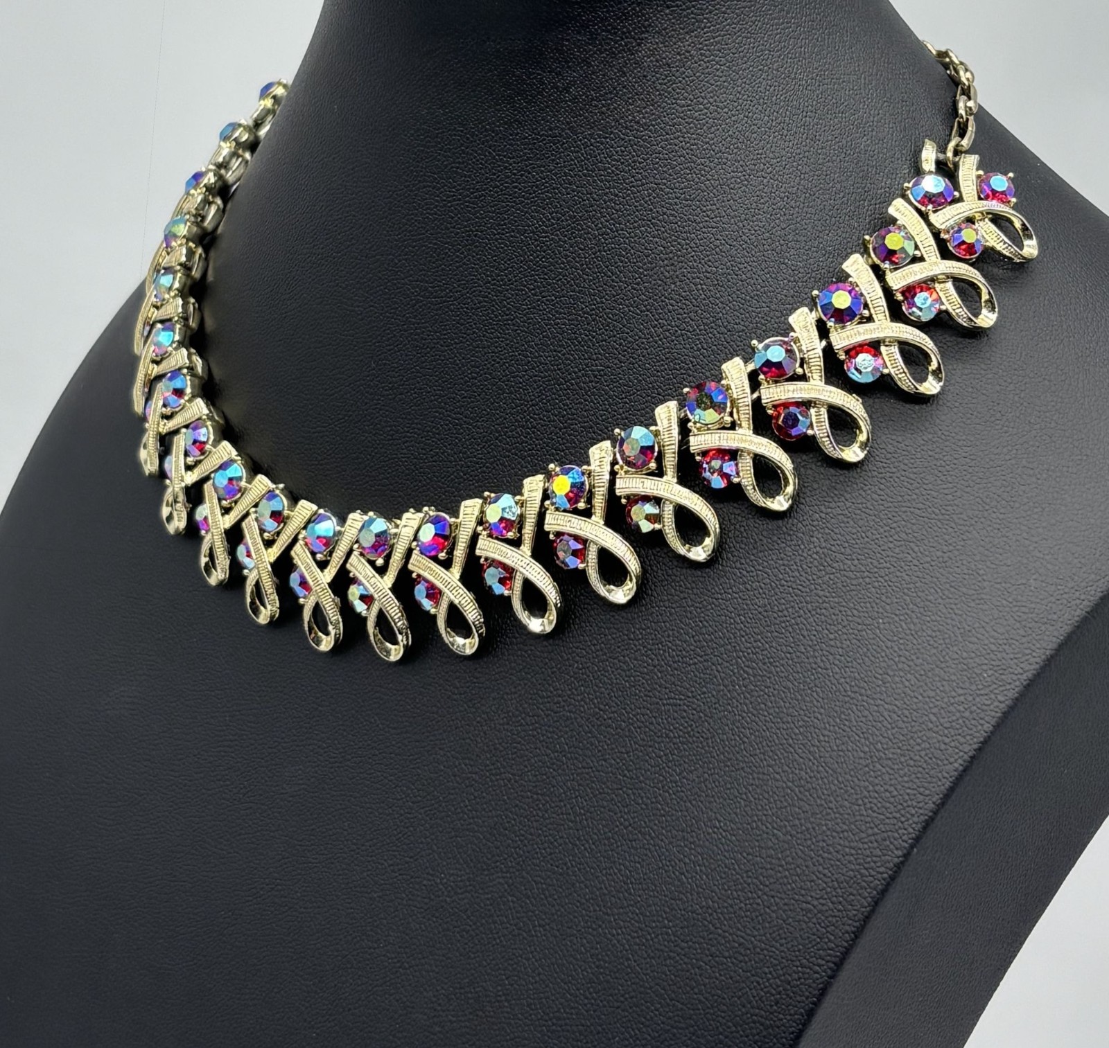 Vintage Mid Century Necklace Ribbon Link Design Gold Tone AB Rhinestone Unsigned