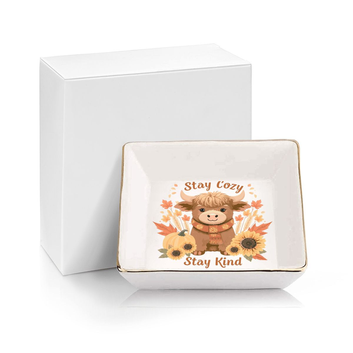 Stay Cozy Stay Kind Highland Cow Fall Jewelry Dish Trinket Ring Holder Autumn
