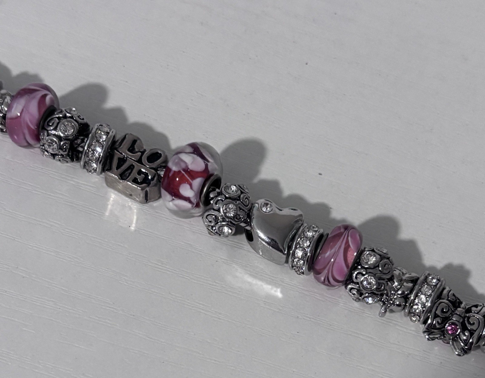 Bella Perlina Pink Beads Love Rhinestones Silver Adjustable Charm Bracelet