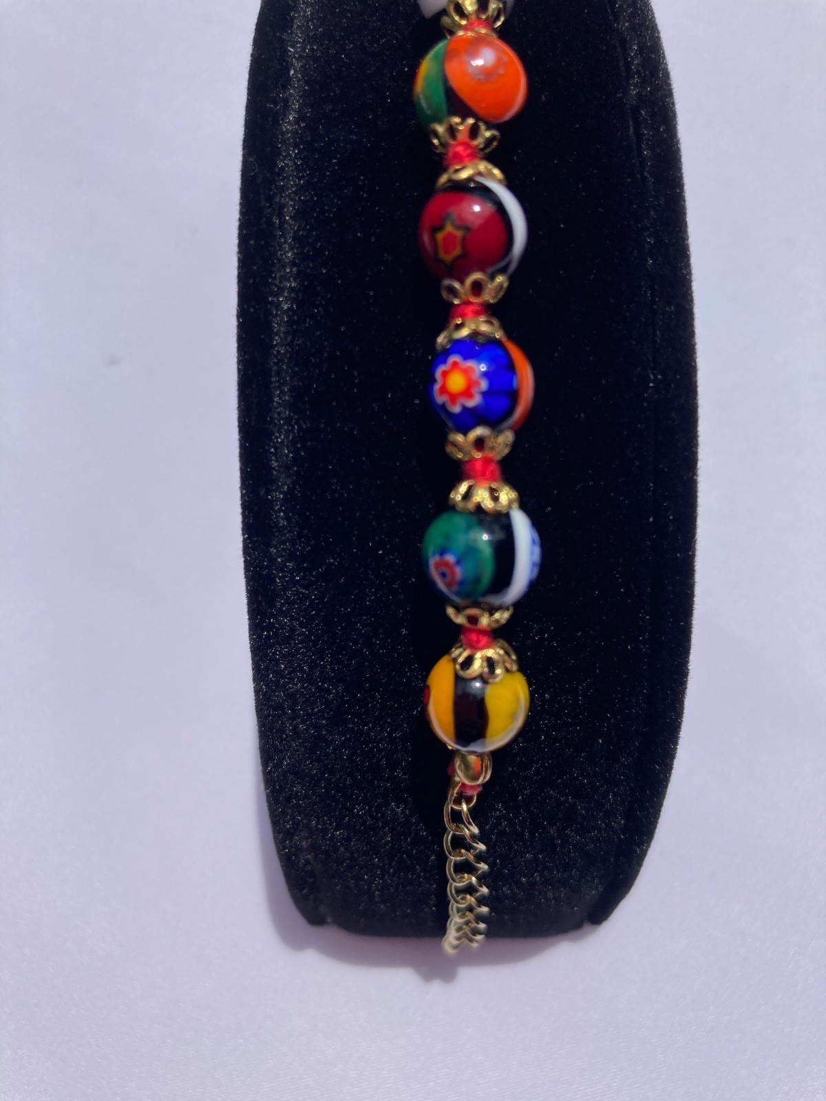 Vintage Murano Style Millefiori Glass Bead Bracelet Italy 7.5″ Hand Knotted