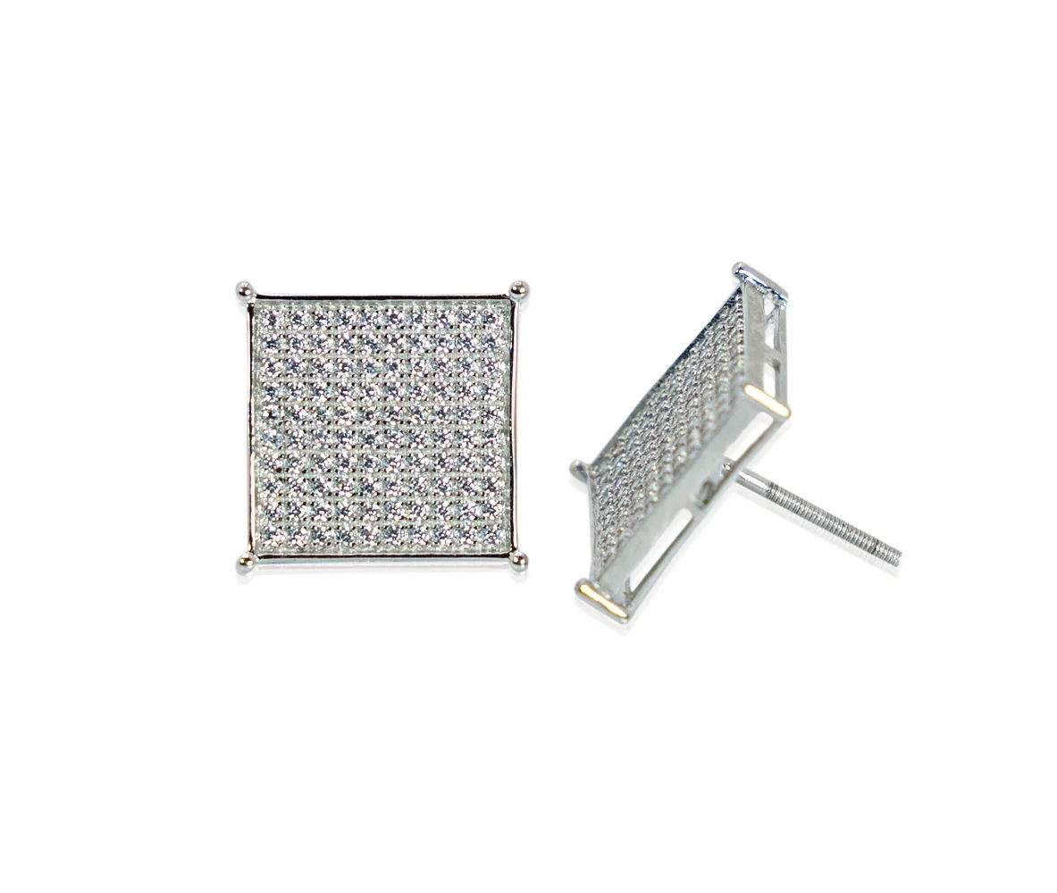 Mens Ladies 925 Sterling Silver 15mm CZ Square Kite Earrings