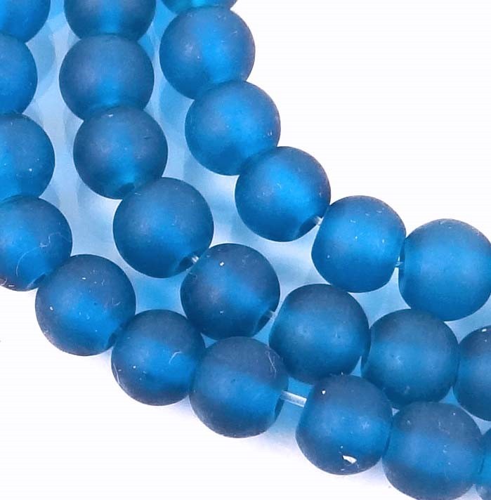 50 Czech Frosted Sea Glass Round / Rocaille Beads – Matte – Marine / Azure 6mm