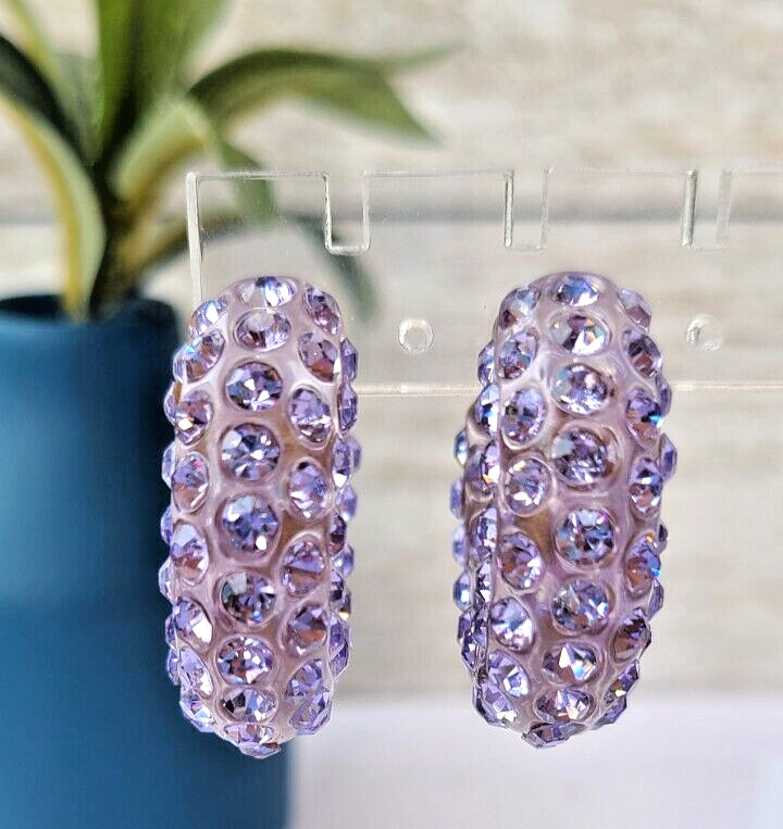 Lavander Boho Statement Chunky Lucite Translucent Rhinestone Paved Hoop Earrings