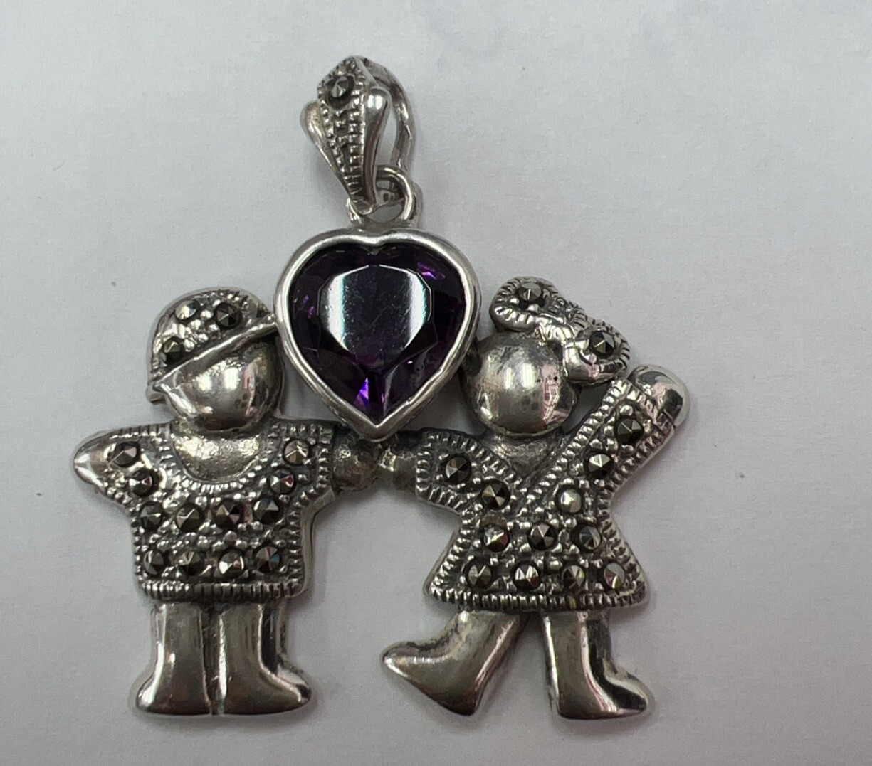 Vintage Sterling Boy / Girl with Amethyst Gemstone 1” Long Pendant 8.6gr