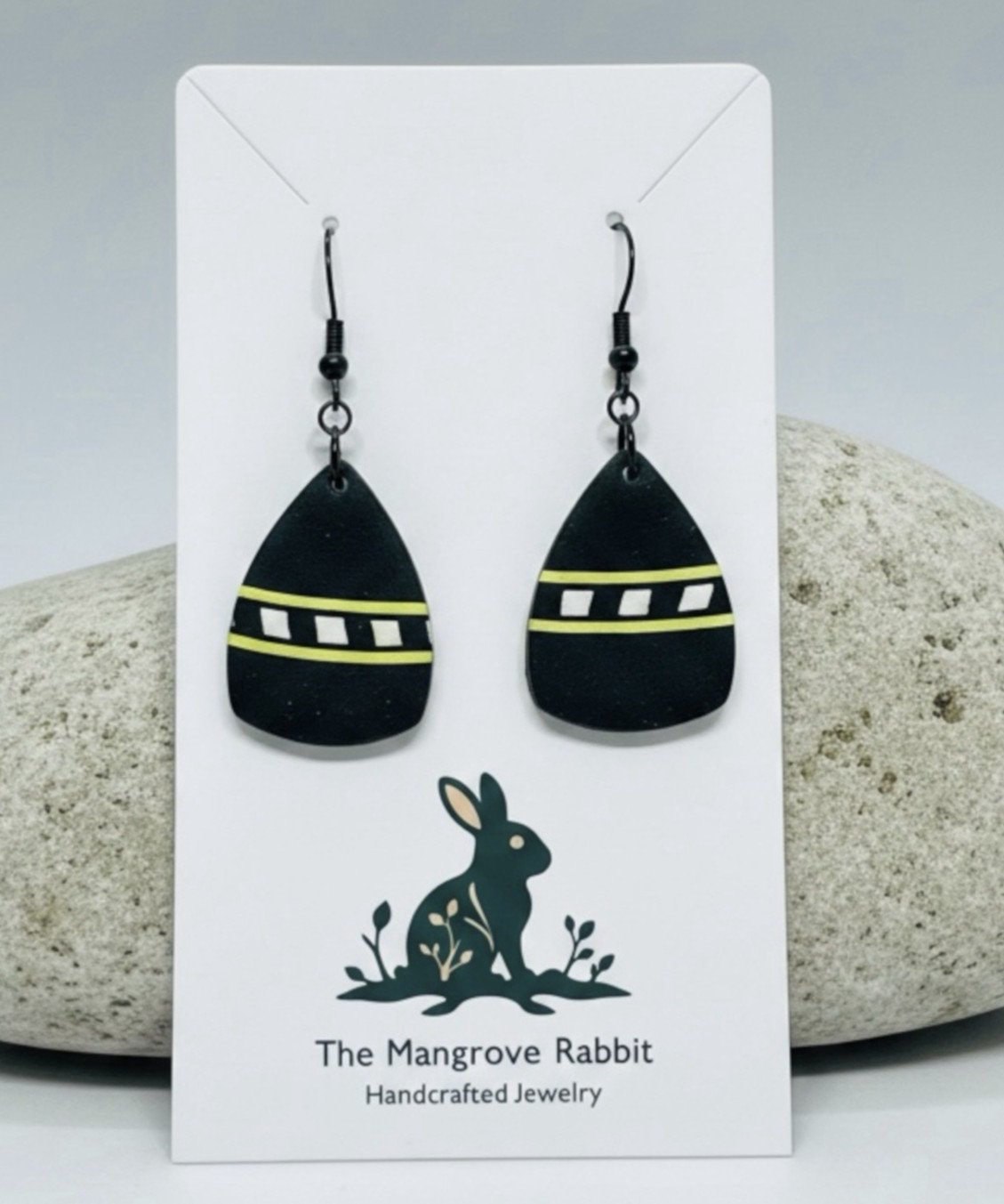 Black Yellow White Striped Handmade Polymer Clay Dangle Earrings SS Posts