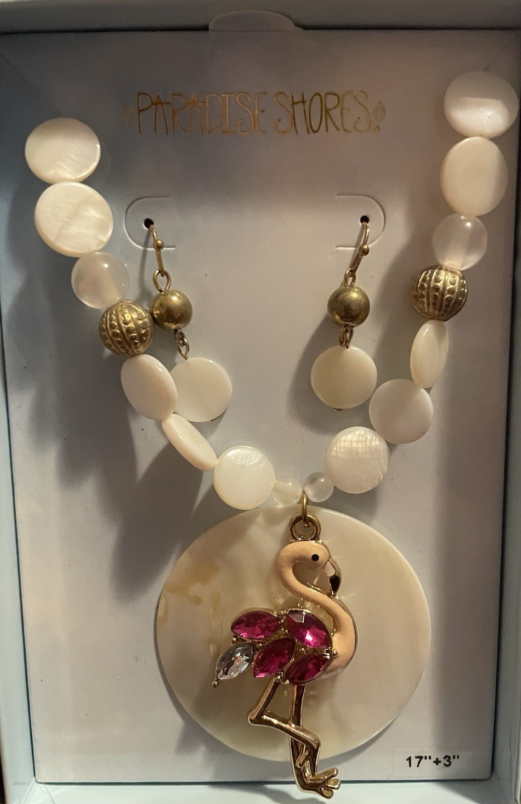 Paradise Shores Pink Flamingo & Shell Necklace & Earrings Set Tropical Jewelry