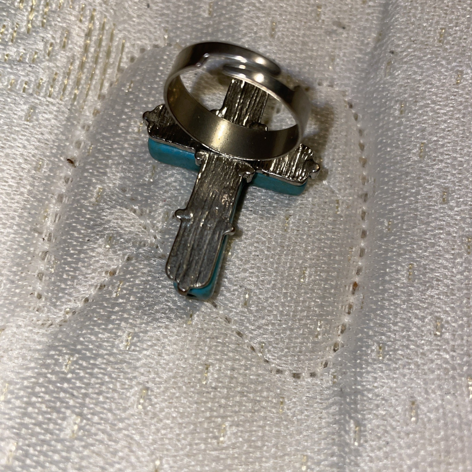 Native American Nickle Silver Tone Turquoise Cross Adjustable Ring