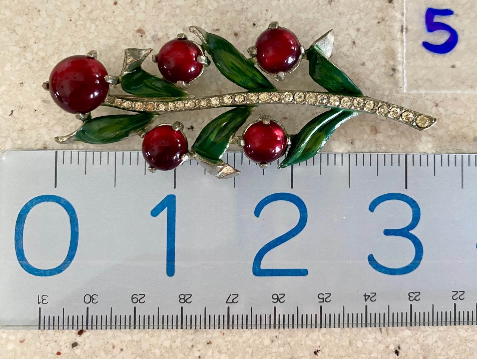 Vintage Holly Berry Rhinestone Brooch Red Cabochon Green Enamel Silver Tone Pin