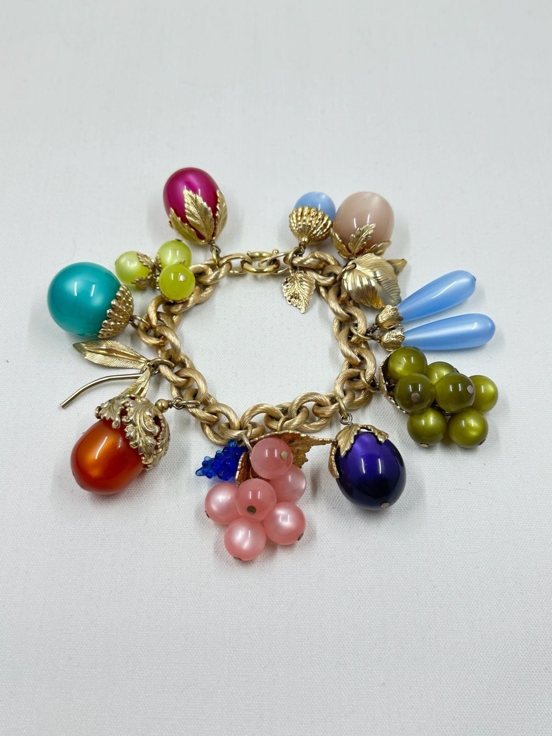 Vintage Napier 1950s Tropicana Fruit Salad Moonglow Lucite Charm Bracelet 7” M
