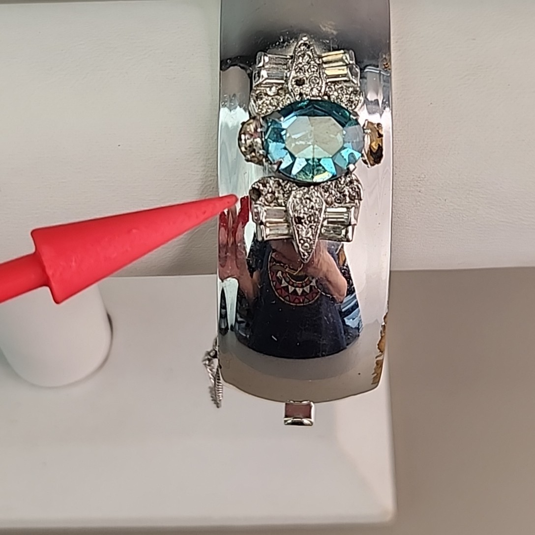Vintage Hinged Bangle Bracelet Blue Rhinestone Silver Tone Signed 6.75″