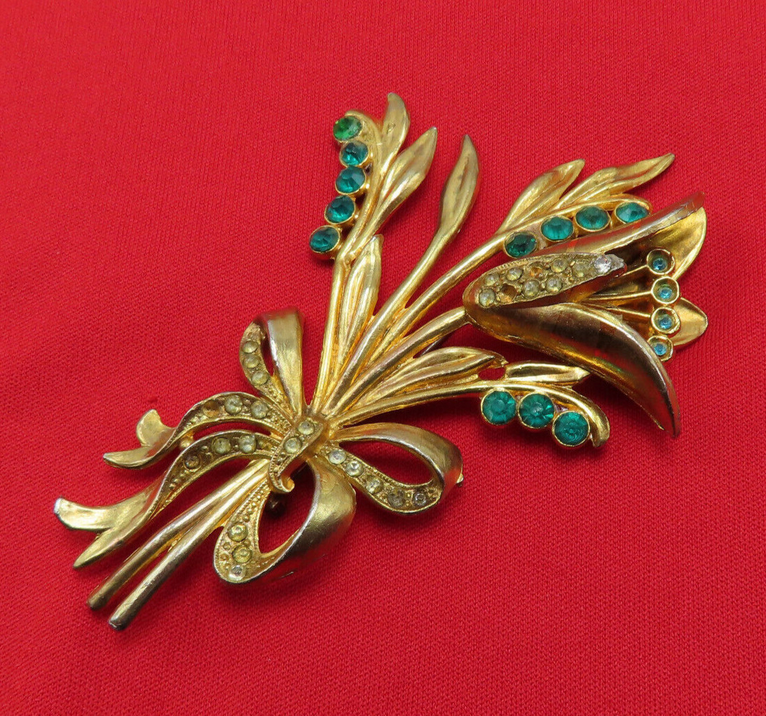 Antique Rhinestone Brooch Flower Clear Green Crystal 3.75 in OOAK Vintage 253f