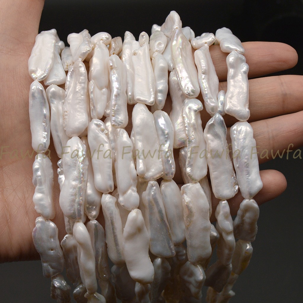 25-30mm Natural White Unique Biwa Long Baroque Freshwater Pearl Loose Beads 15”