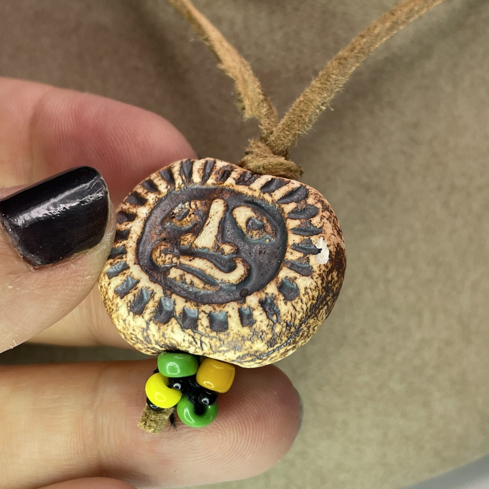 1970s Vintage Cermic Charm necklace Glass Beads Leather Cord Approx 24” Handmade