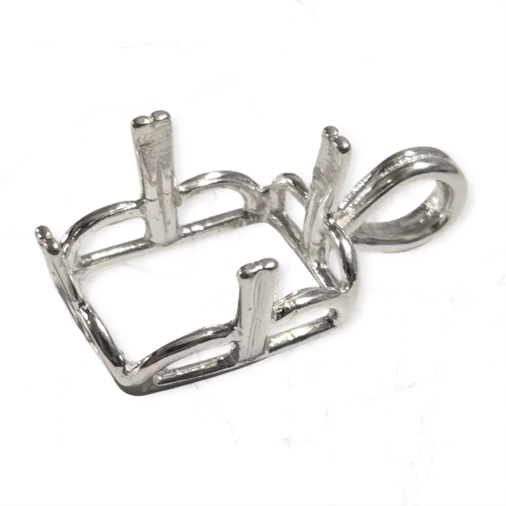 Emerald Cut 4 Prong Crown Regalle Pendant Setting Sterling Silver, Pre-Notched