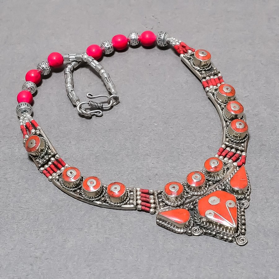 Red Coral Gemstone Necklace Handmade Amazing Tibetan Nepali Jewelry 18″ NN 6962