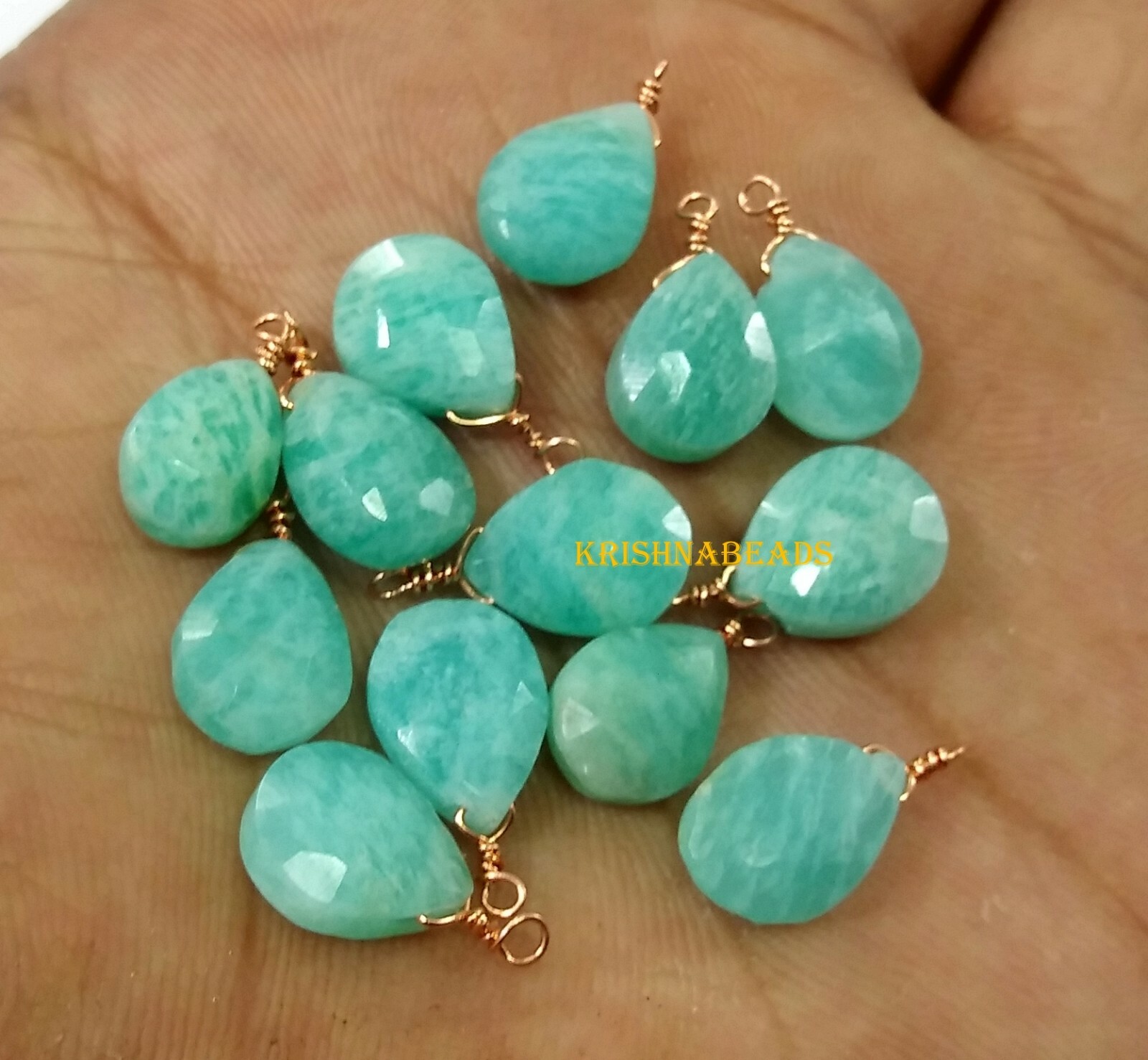 Natural Amazonite Pear 7×10-7x11mm Beads Rose Gold Plated Wire Wrapped 25Pecs