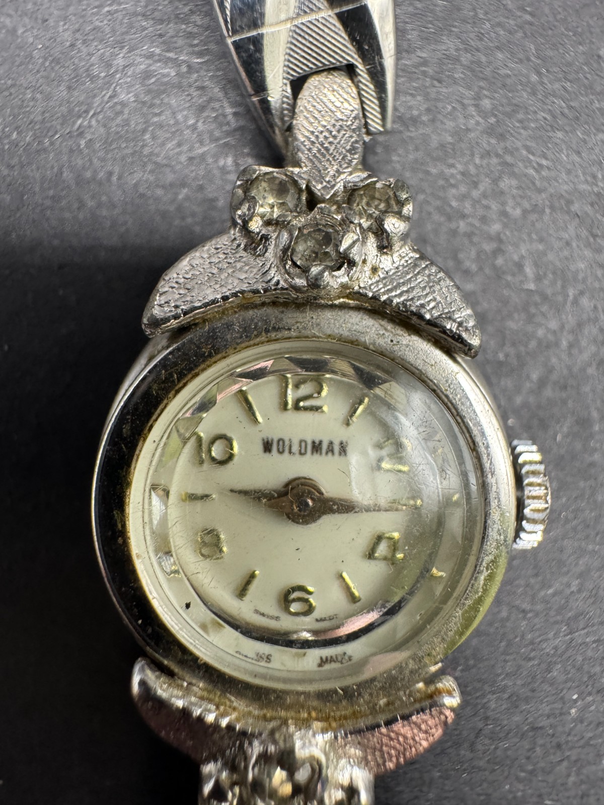 Vtg Woldman Classic Women’s Wristwatch Rhinestone Silver Tone Swiss Made 16.6mm