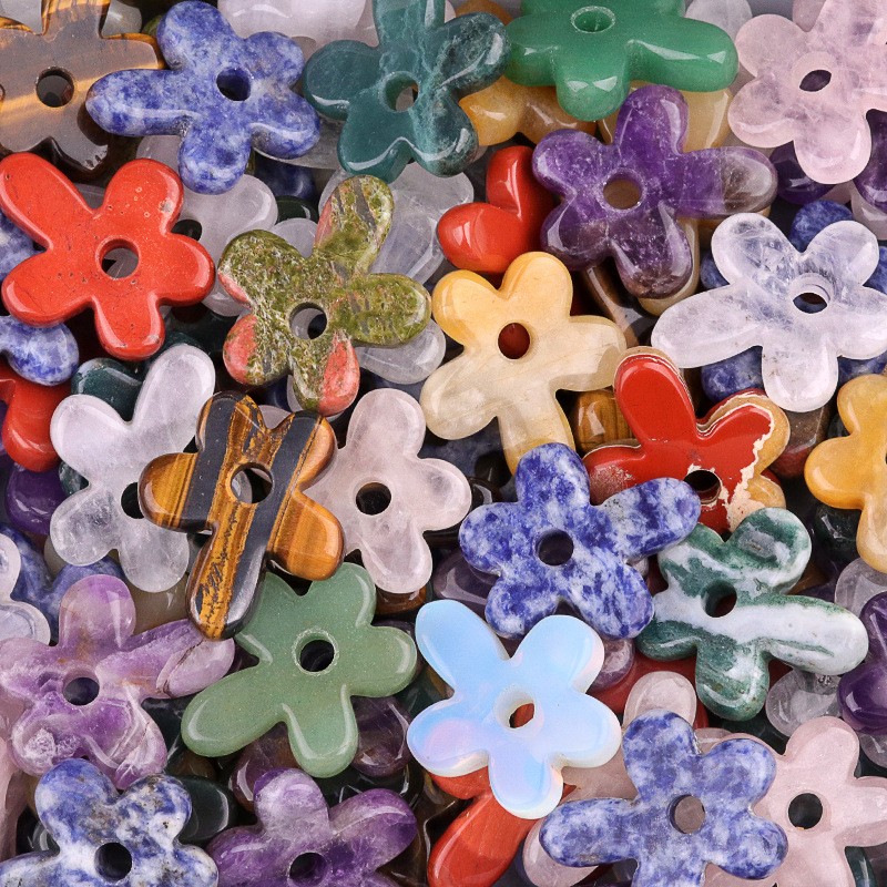 10pcs Mixed Natural Stone Hollow Flower Pendant DIY Jewelry Making 31x35mm