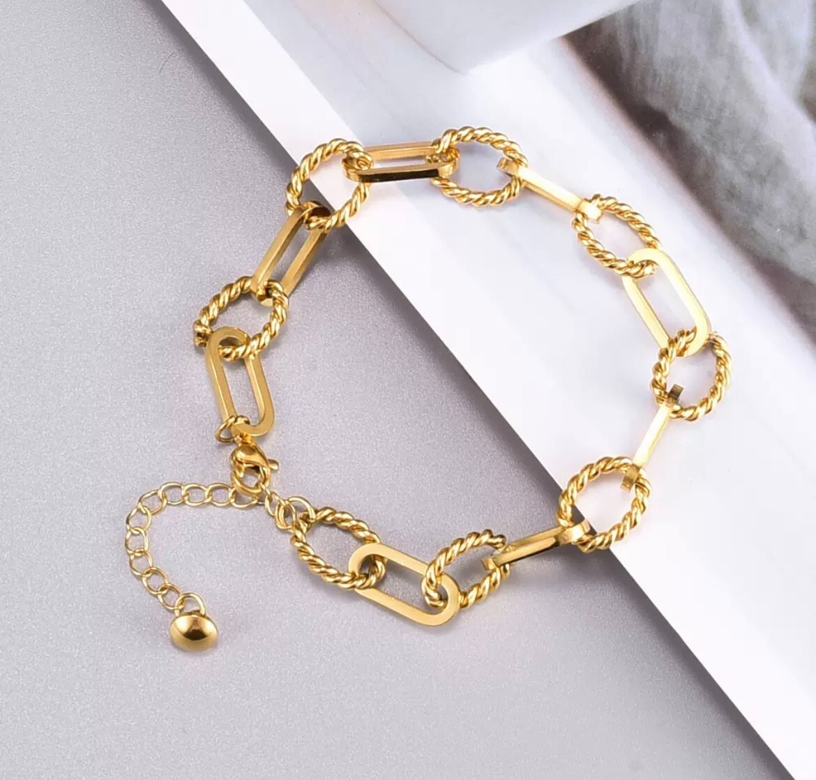 7mm Woman 18K Gold Plated Stainless Steel Rope Rolo Link Thick Chain Bracelet