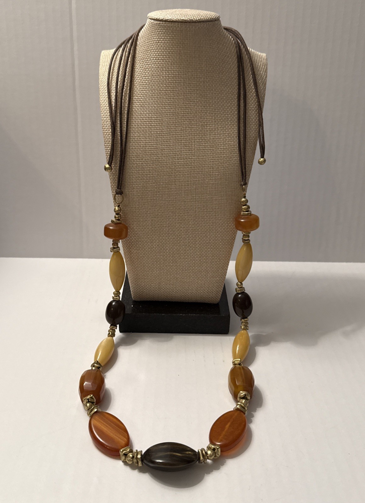 Vtg Amber & Lucite Earth Tone Bead Long Strand Necklace Retro Boho Chic 23” Adj.