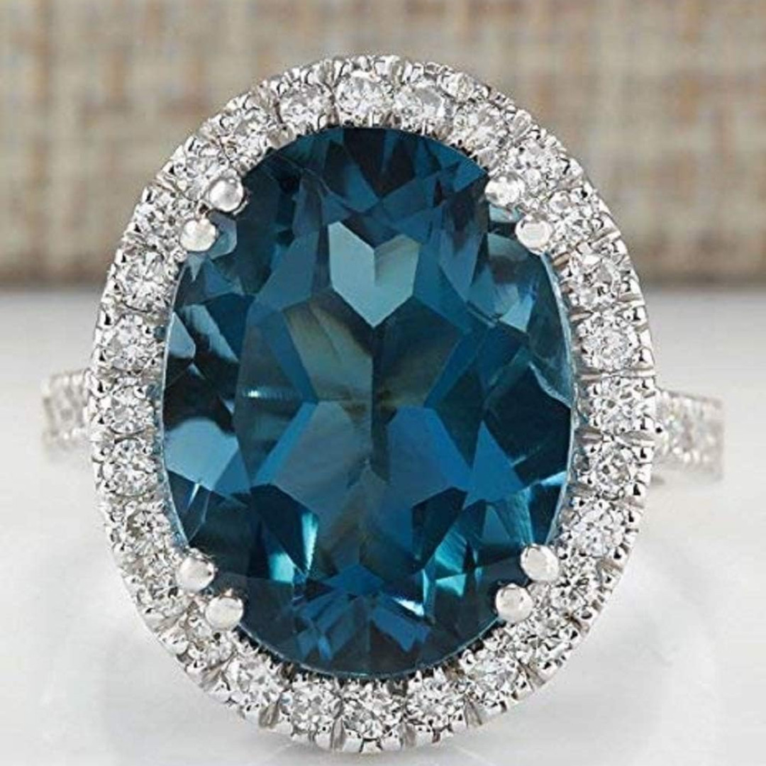 London Blue Topaz Ring 925 Sterling Silver Oval Cut CZ Accent Engagement Ring