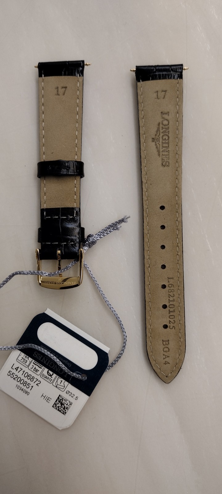 New Longines OEM black crocodile cakfakin leather strap band 17mm width buckle