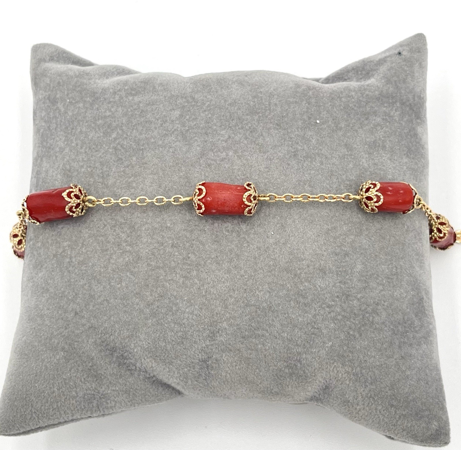 Handmade 14kt Gold Barrel Mediterranean Red Coral Bracelet