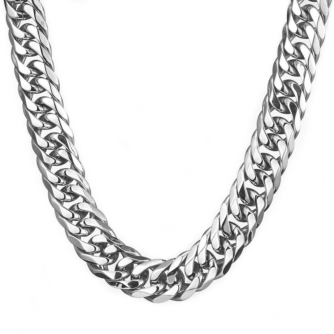 HEAVY 19/21mm Silver Cut Curb Cuban Link Chain 316L Stainless Steel Men Necklace