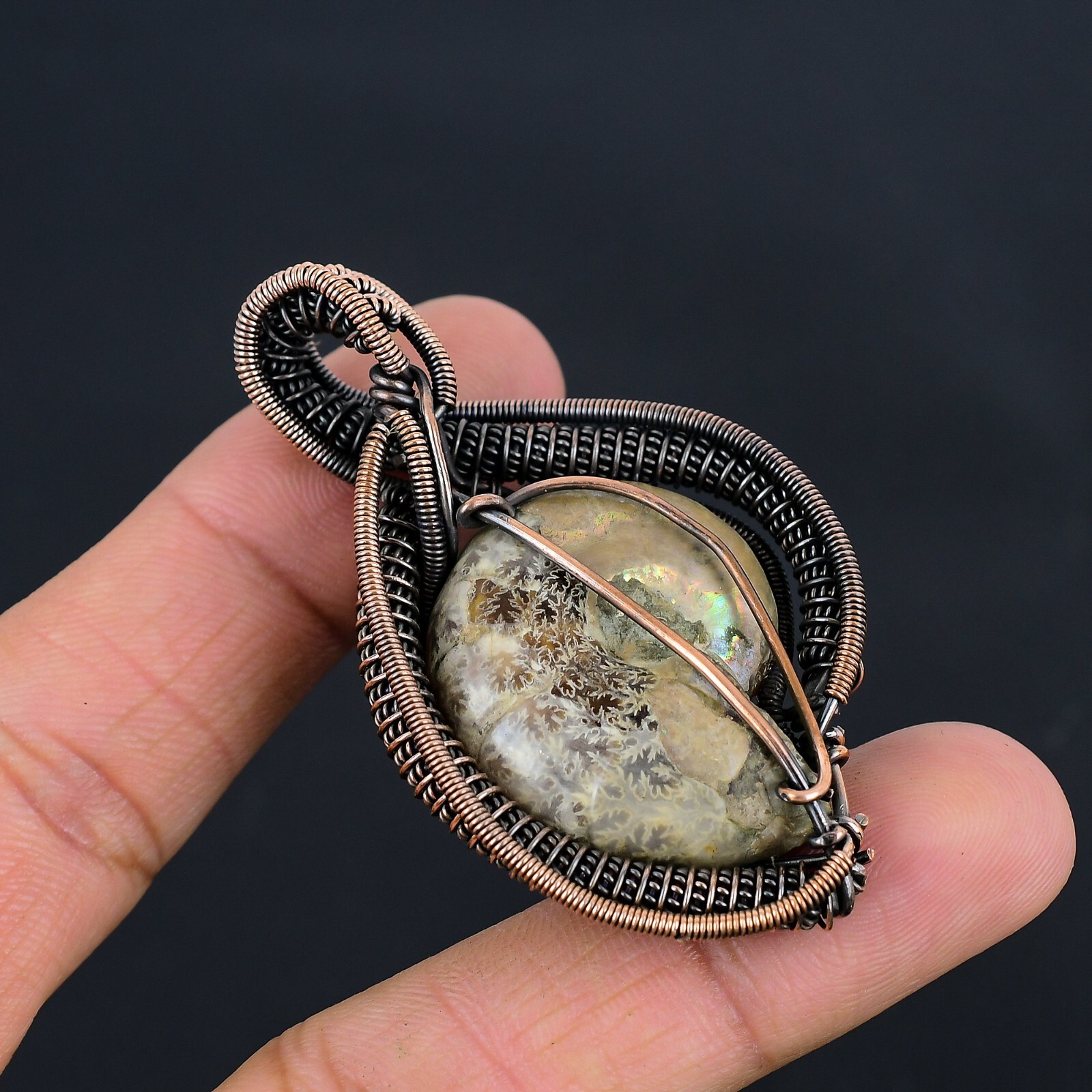 Ammonite Fossil Gemstone Copper Wire Wrapped Gift For Pendant Jewelry LC-234