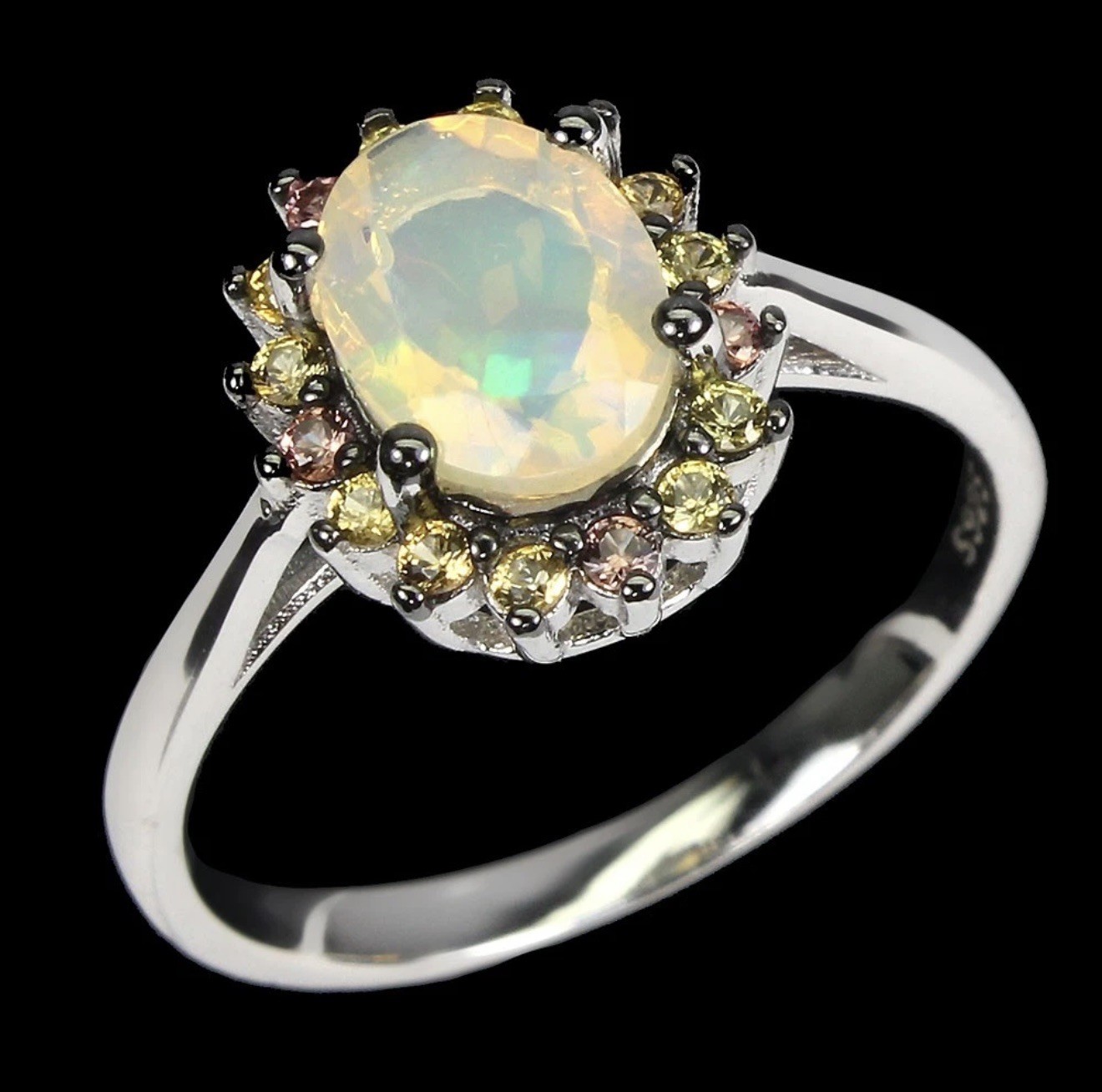 Enchanting Natural Diamond cut Sapphire with Fire Opal 925 Sterling Silver Sz 7